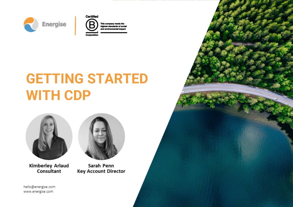 Front cover of a presentation titled 'Getting started with CDP'. There is an aerial photo of a coastal road and headshots of Kimberly Arlaud (Consultant) and Sarah Penn (Key Account Director). There are Energise and B Corp logos in the top left.