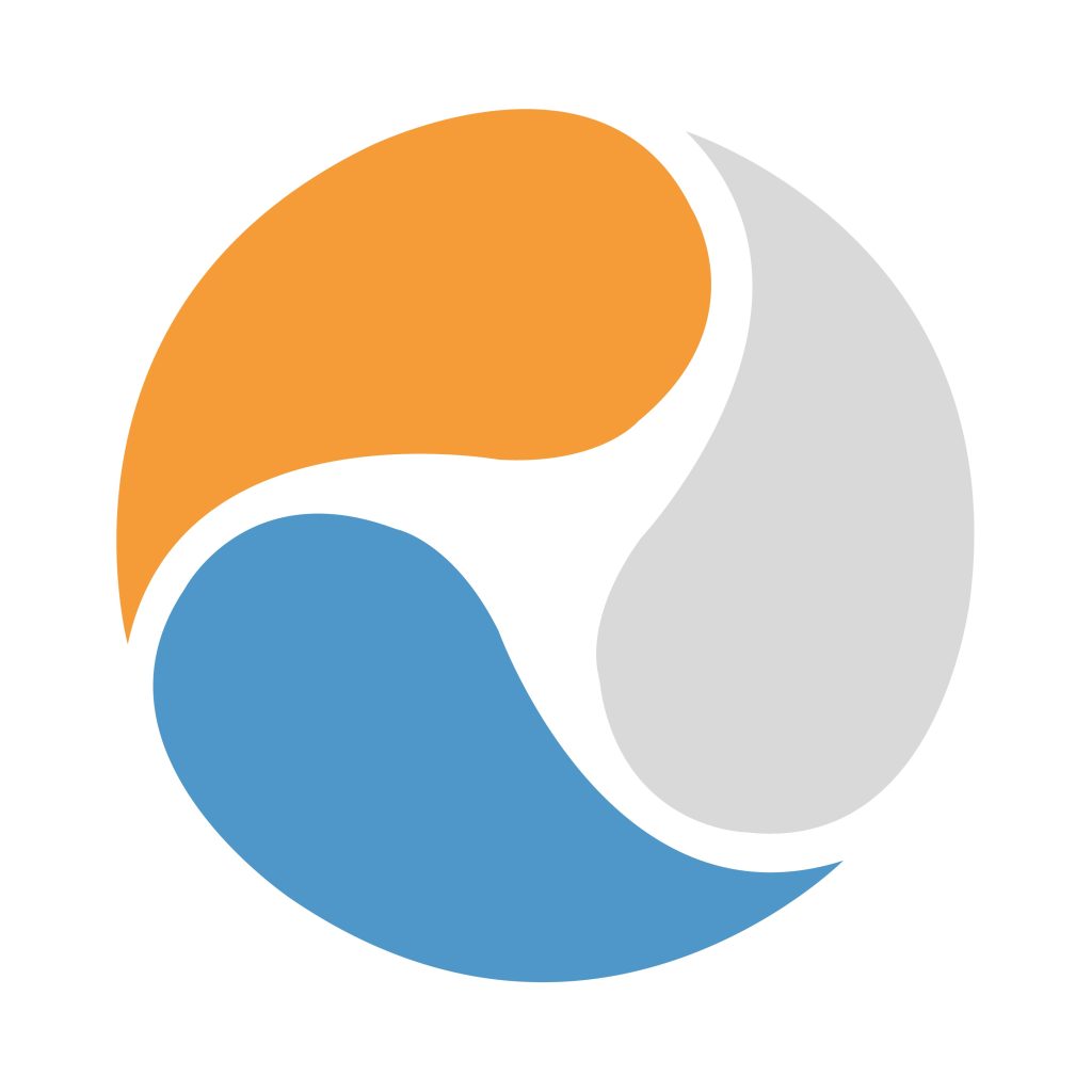 A triple teardrop logo in orange, grey and blue.