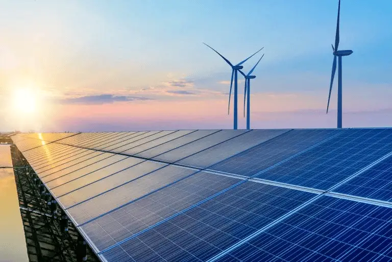 Image of solar panels and wind turbines