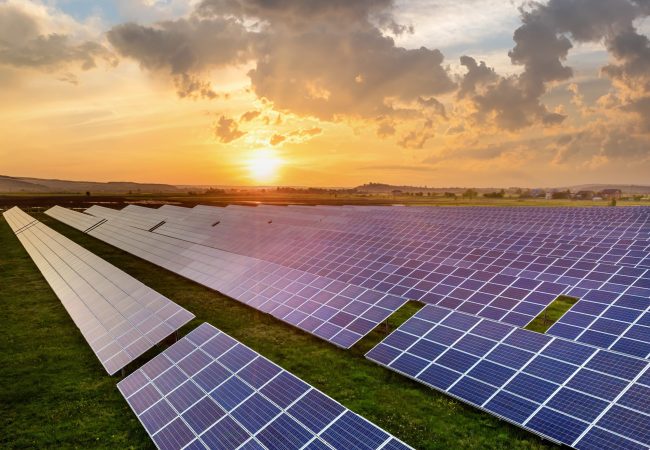 Blue solar photo voltaic panels producing renewable clean energy on rural landscape and setting sun background.